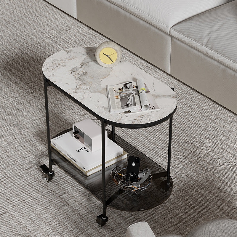 Contemporary Luxury Oval Marble Top Carbon Steel Side Table 2-Tier Casters For Living Room