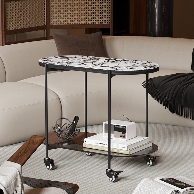 Contemporary Luxury Oval Marble Top Carbon Steel Side Table 2-Tier Casters For Living Room