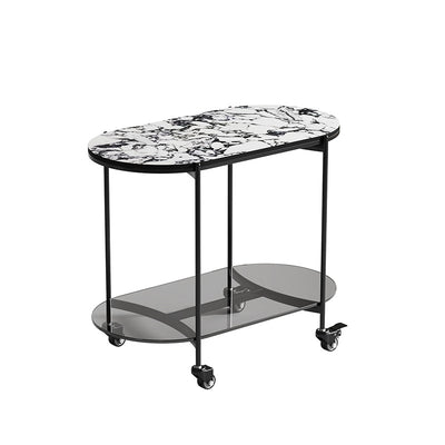 Contemporary Luxury Oval Marble Top Carbon Steel Side Table 2-Tier Casters For Living Room