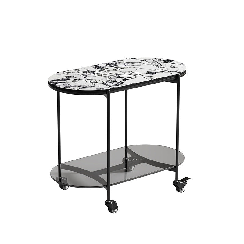 Contemporary Luxury Oval Marble Top Carbon Steel Side Table 2-Tier Casters For Living Room