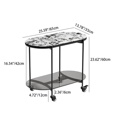 Contemporary Luxury Oval Marble Top Carbon Steel Side Table 2-Tier Casters For Living Room