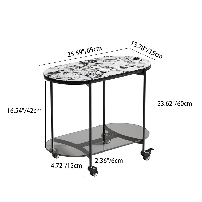 Contemporary Luxury Oval Marble Top Carbon Steel Side Table 2-Tier Casters For Living Room