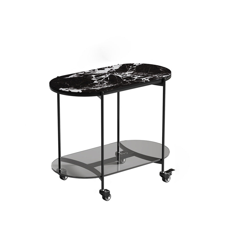 Contemporary Luxury Oval Marble Top Carbon Steel Side Table 2-Tier Casters For Living Room