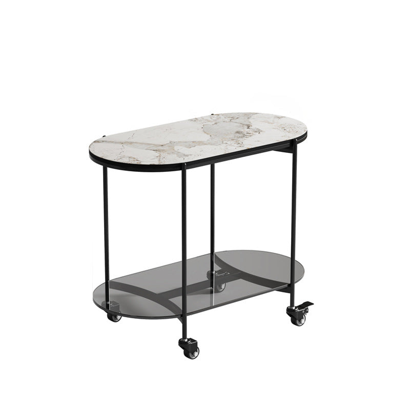 Contemporary Luxury Oval Marble Top Carbon Steel Side Table 2-Tier Casters For Living Room