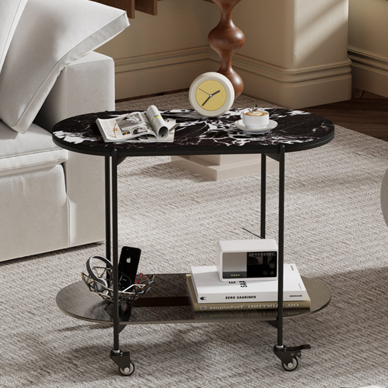 Contemporary Luxury Oval Marble Top Carbon Steel Side Table 2-Tier Casters For Living Room