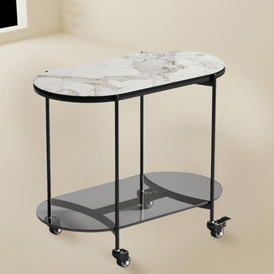 Contemporary Luxury Oval Marble Top Carbon Steel Side Table 2-Tier Casters For Living Room