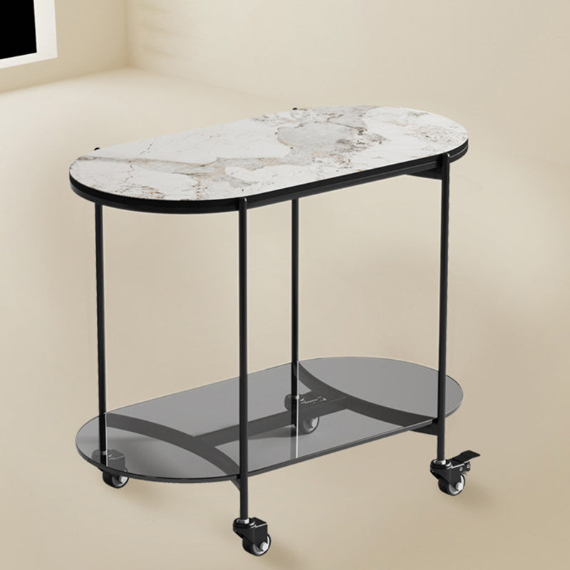 Contemporary Luxury Oval Marble Top Carbon Steel Side Table 2-Tier Casters For Living Room