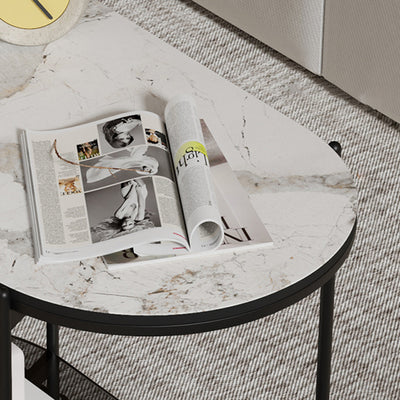 Contemporary Luxury Oval Marble Top Carbon Steel Side Table 2-Tier Casters For Living Room