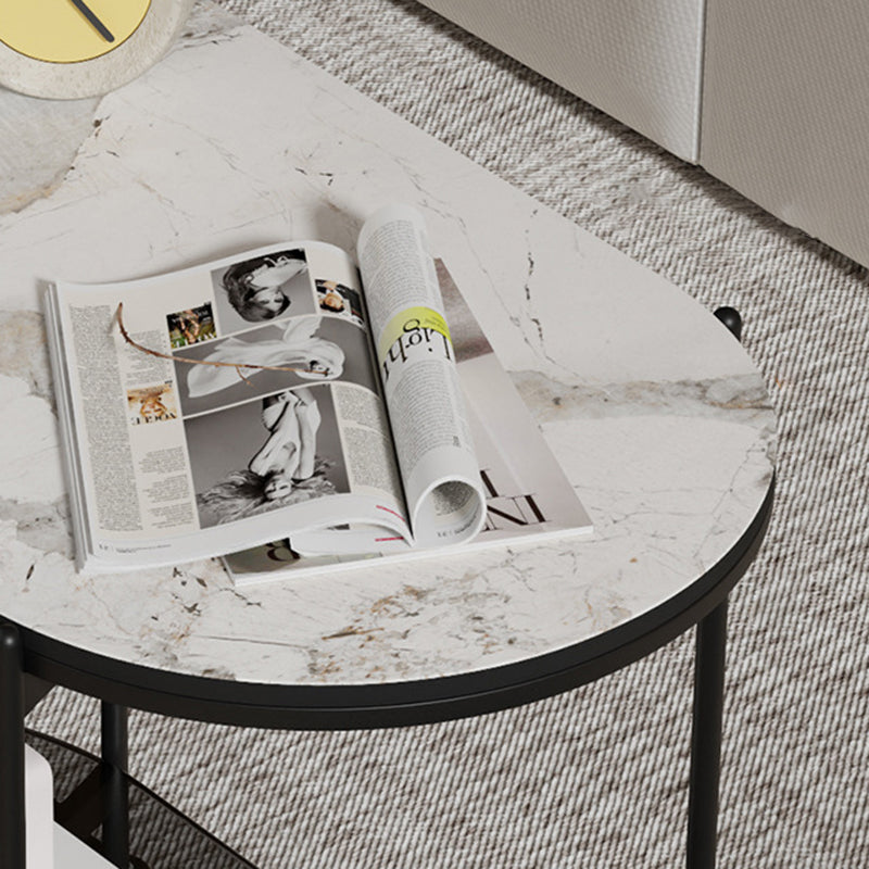 Contemporary Luxury Oval Marble Top Carbon Steel Side Table 2-Tier Casters For Living Room