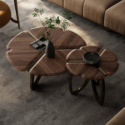 Mesa de centro contemporánea de madera de nogal negro retro en forma de pétalo para sala de estar 