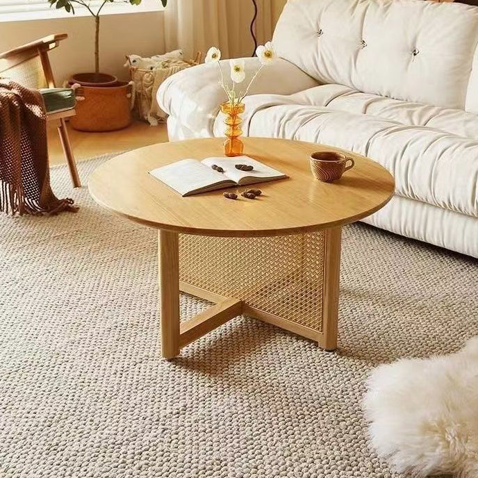 Mesa de Centro Redonda Retro Contemporánea con Tapa de Madera y Tejido de Ratán con Patas Cruzadas para Sala de Estar 