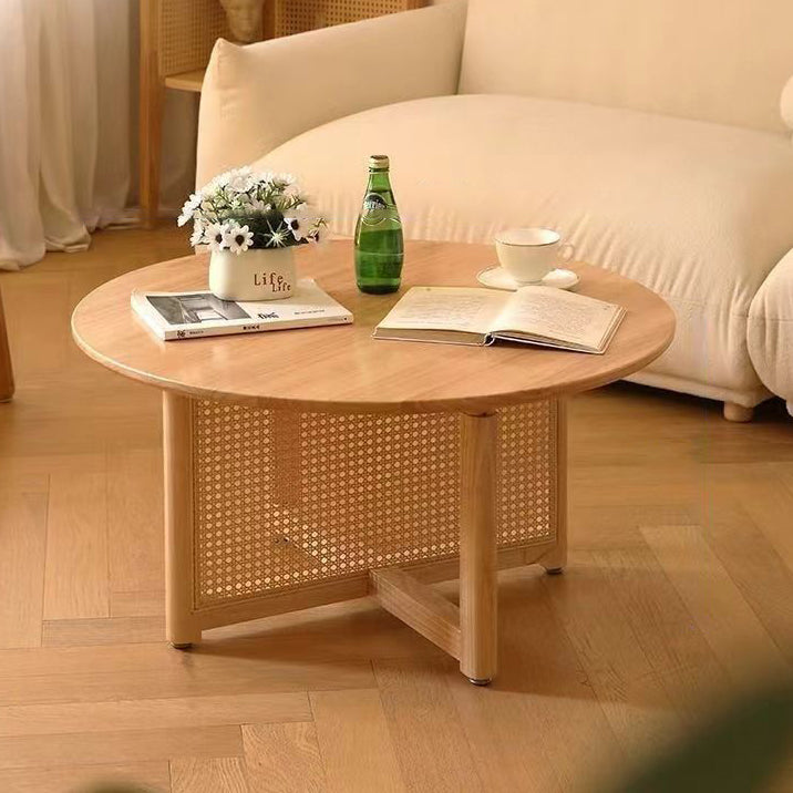Mesa de Centro Redonda Retro Contemporánea con Tapa de Madera y Tejido de Ratán con Patas Cruzadas para Sala de Estar 