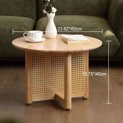 Mesa de Centro Redonda Retro Contemporánea con Tapa de Madera y Tejido de Ratán con Patas Cruzadas para Sala de Estar 