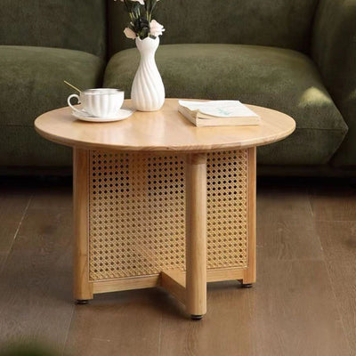Mesa de Centro Redonda Retro Contemporánea con Tapa de Madera y Tejido de Ratán con Patas Cruzadas para Sala de Estar 