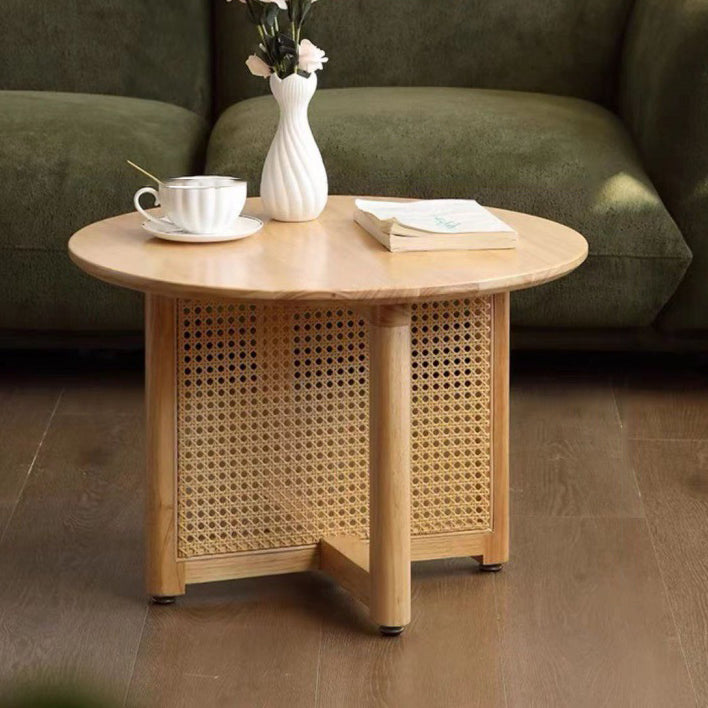 Mesa de Centro Redonda Retro Contemporánea con Tapa de Madera y Tejido de Ratán con Patas Cruzadas para Sala de Estar 
