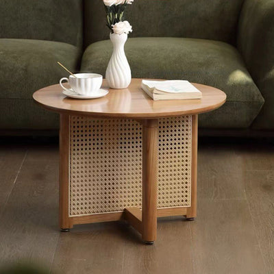 Mesa de Centro Redonda Retro Contemporánea con Tapa de Madera y Tejido de Ratán con Patas Cruzadas para Sala de Estar 