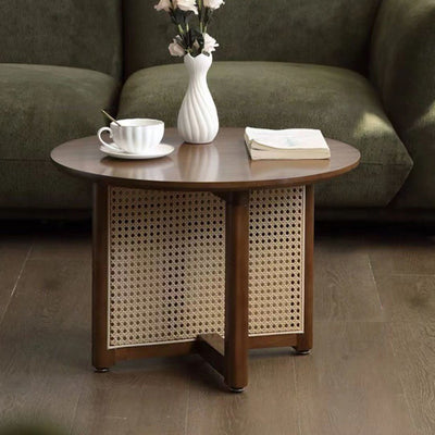Mesa de Centro Redonda Retro Contemporánea con Tapa de Madera y Tejido de Ratán con Patas Cruzadas para Sala de Estar 