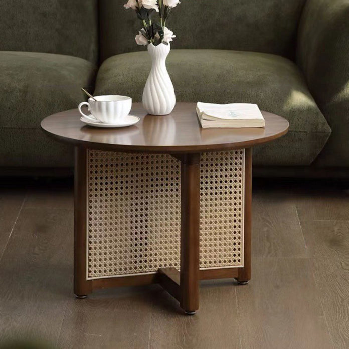 Mesa de Centro Redonda Retro Contemporánea con Tapa de Madera y Tejido de Ratán con Patas Cruzadas para Sala de Estar 