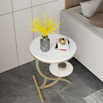 Table d'appoint contemporaine en pierre frittée à arc rond avec base en métal à 2 niveaux pour salon 