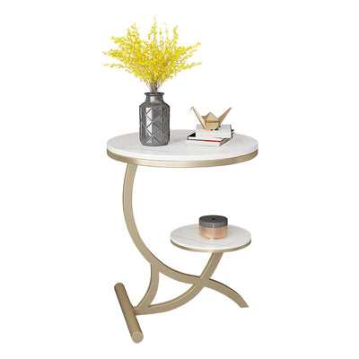 Table d'appoint contemporaine en pierre frittée à arc rond avec base en métal à 2 niveaux pour salon 