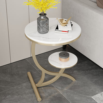 Table d'appoint contemporaine en pierre frittée à arc rond avec base en métal à 2 niveaux pour salon 