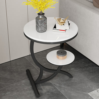 Table d'appoint contemporaine en pierre frittée à arc rond avec base en métal à 2 niveaux pour salon 