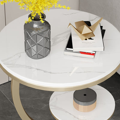 Table d'appoint contemporaine en pierre frittée à arc rond avec base en métal à 2 niveaux pour salon 