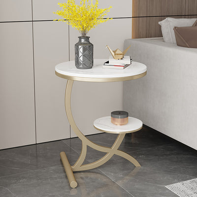 Table d'appoint contemporaine en pierre frittée à arc rond avec base en métal à 2 niveaux pour salon 