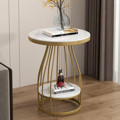 Table d'appoint contemporaine en acier au carbone à plateau rond en MDF à 2 niveaux pour salon 