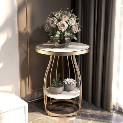 Table d'appoint contemporaine en acier au carbone à plateau rond en MDF à 2 niveaux pour salon 