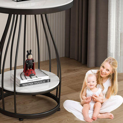 Table d'appoint contemporaine en acier au carbone à plateau rond en MDF à 2 niveaux pour salon 