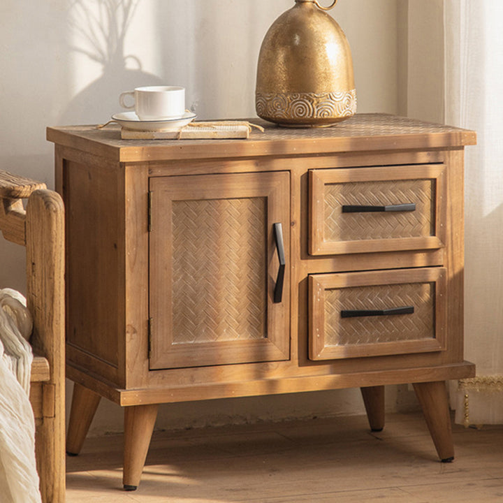 Contemporary Retro Rectangular Bamboo-Look Finish Fir Wood MDF Nightstand 2-Drawer Cabinet For Bedroom