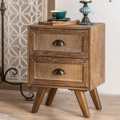 Contemporary Retro Rectangular Solid Wood Nightstand 2-Drawer Cabinet For Bedroom
