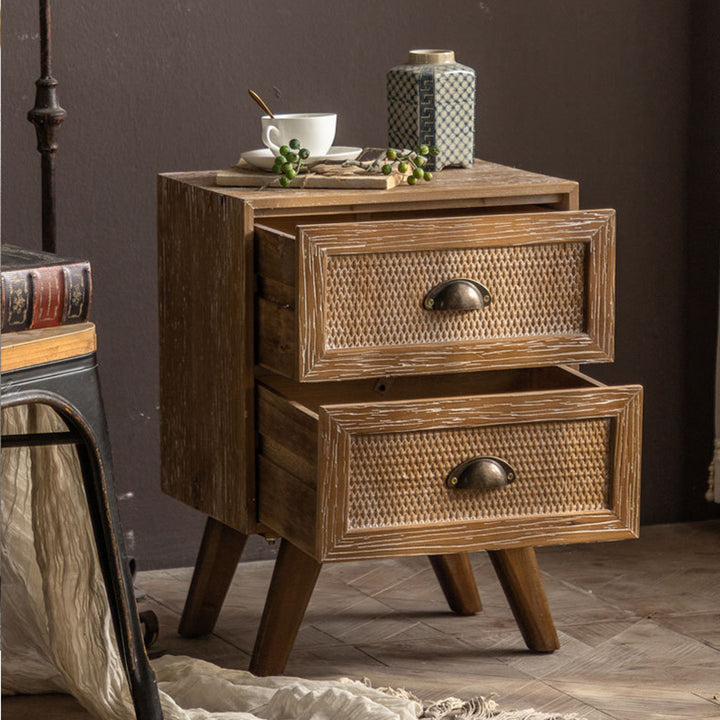 Contemporary Retro Rectangular Bamboo-Look Finish Fir Wood MDF Nightstand 2-Drawer Cabinet For Bedroom