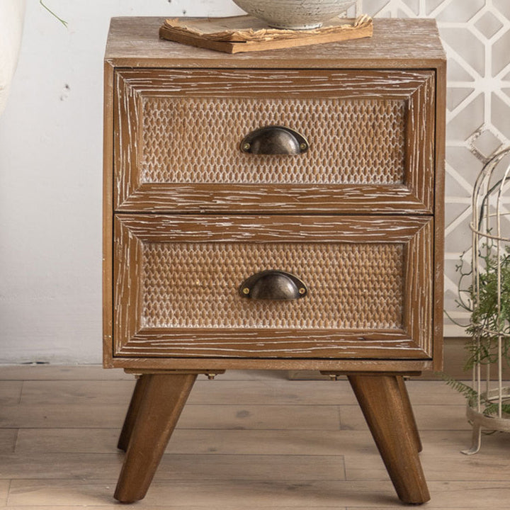 Table de nuit contemporaine rétro rectangulaire en bois massif à 2 tiroirs pour chambre 