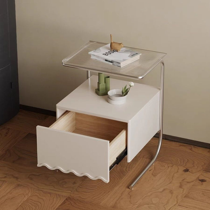Contemporary Nordic Rectangular Glass Top Solid Wood Nightstand Drawer For Bedroom