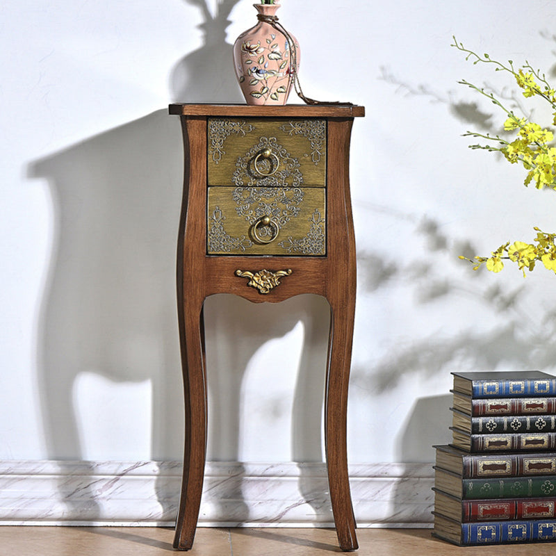 Mesa Auxiliar de Madera Maciza con Arabesco Cuadrado Tradicional Europeo de 2 Cajones para Sala de Estar 