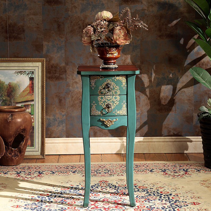 Mesa Auxiliar de Madera Maciza con Arabesco Cuadrado Tradicional Europeo de 2 Cajones para Sala de Estar 