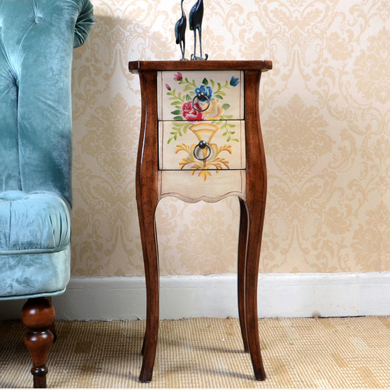 Mesa Auxiliar de Madera Maciza con Arabesco Cuadrado Tradicional Europeo de 2 Cajones para Sala de Estar 