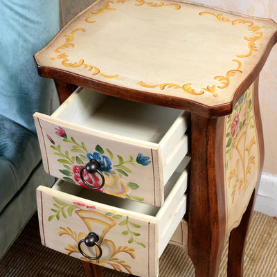 Mesa Auxiliar de Madera Maciza con Arabesco Cuadrado Tradicional Europeo de 2 Cajones para Sala de Estar 