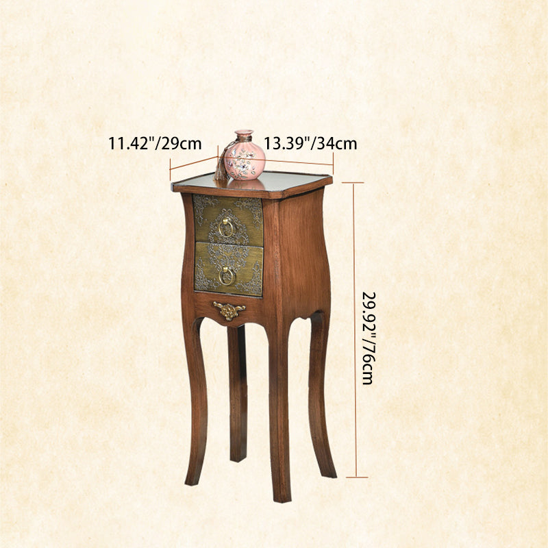 Mesa Auxiliar de Madera Maciza con Arabesco Cuadrado Tradicional Europeo de 2 Cajones para Sala de Estar 