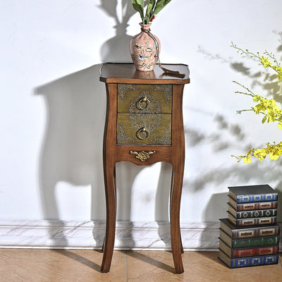 Mesa Auxiliar de Madera Maciza con Arabesco Cuadrado Tradicional Europeo de 2 Cajones para Sala de Estar 
