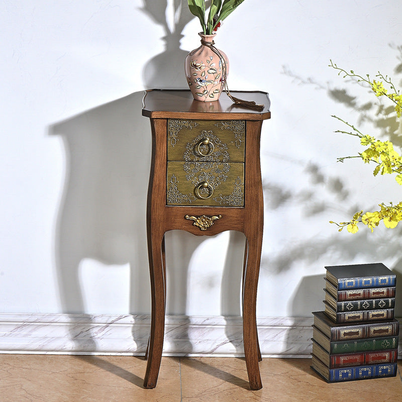 Mesa Auxiliar de Madera Maciza con Arabesco Cuadrado Tradicional Europeo de 2 Cajones para Sala de Estar 