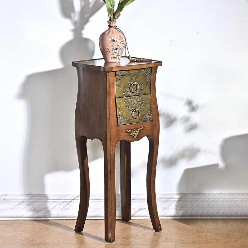 Mesa Auxiliar de Madera Maciza con Arabesco Cuadrado Tradicional Europeo de 2 Cajones para Sala de Estar 