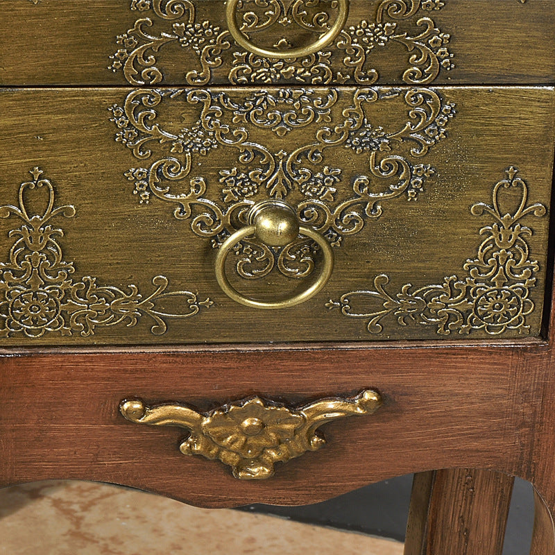 Mesa Auxiliar de Madera Maciza con Arabesco Cuadrado Tradicional Europeo de 2 Cajones para Sala de Estar 