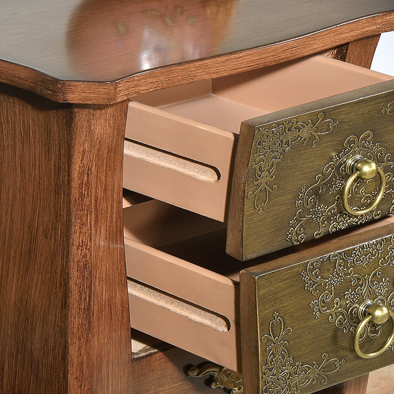 Mesa Auxiliar de Madera Maciza con Arabesco Cuadrado Tradicional Europeo de 2 Cajones para Sala de Estar 