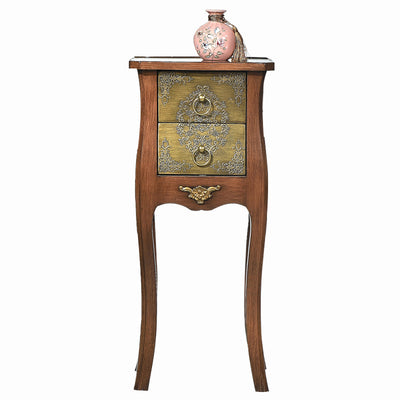 Mesa Auxiliar de Madera Maciza con Arabesco Cuadrado Tradicional Europeo de 2 Cajones para Sala de Estar 