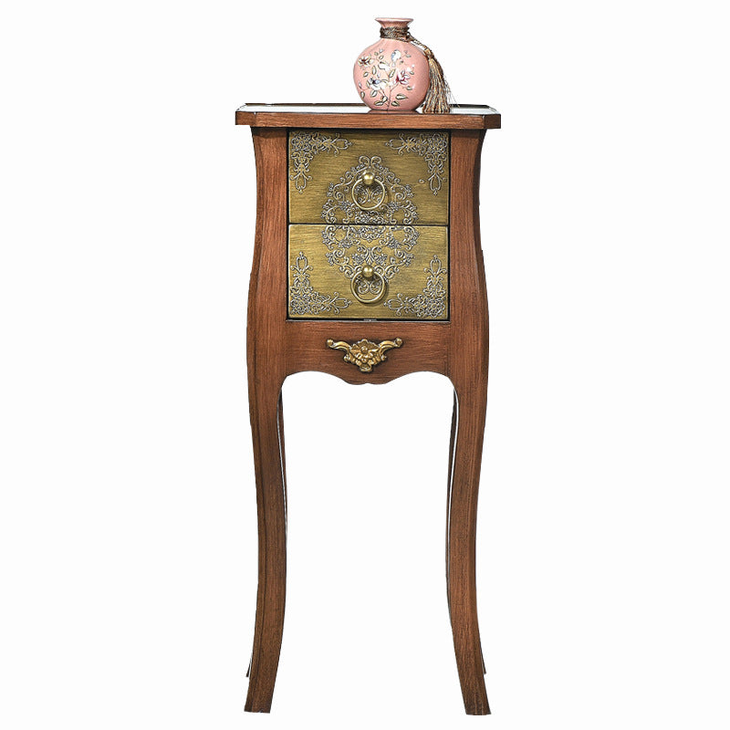Mesa Auxiliar de Madera Maciza con Arabesco Cuadrado Tradicional Europeo de 2 Cajones para Sala de Estar 