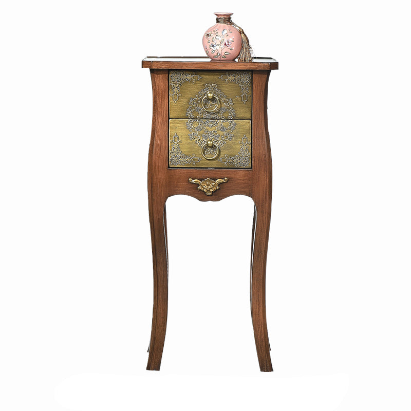 Mesa Auxiliar de Madera Maciza con Arabesco Cuadrado Tradicional Europeo de 2 Cajones para Sala de Estar 