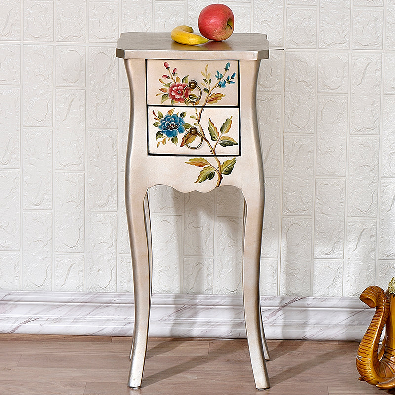 Mesa Auxiliar de Madera Maciza con Arabesco Cuadrado Tradicional Europeo de 2 Cajones para Sala de Estar 